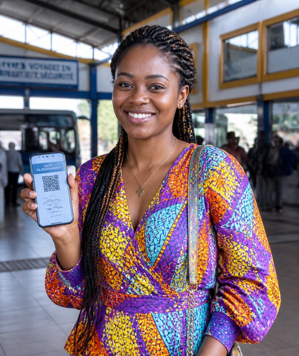 Voyageuse camerounaise présentant son billet électronique avec QR Code